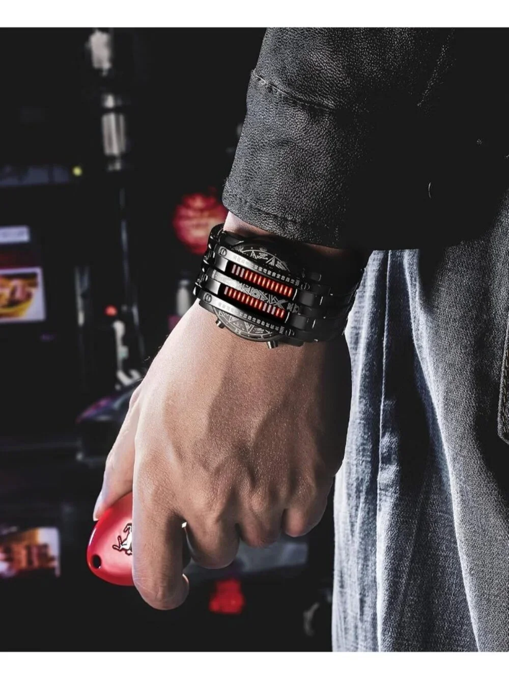 Mens Black Red Analog Quartz Bracelet Waterproof Binary Matrix LED Digital Watch